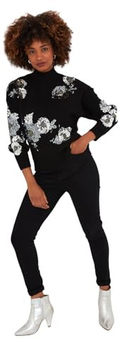 Joe Browns Women's Sequin Drop Shoulder Rib Knit Funnel Neck Jumper, Regular Fit, Black, 16