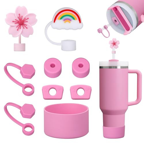 FOSFUKEER Stanley Cup Lot de 6 bouchons en silicone anti-fuite, 2 couvercles en paille, 1 coque en silicone pour gobelets Stanley de 1,2 l et 850 ml, tasses non incluses (Peony)