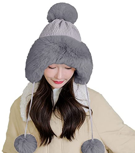 Damen-Wintermützen – warme britische Stile, winddichter Schal für Damen, Strickwolle, winddichter Schal, Mütze, integrierte Wintermütze, Schal, Raiders, Trappermütze (Grau, A), grau, Einheitsgröße