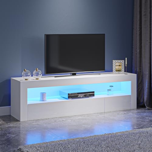 Panana Modern TV Unit Stand Cabinet with 2 Drawer Open Shelf Sideboard 120cm Media Storage with RGB LED Lights up to 55 TVs Screen (White)