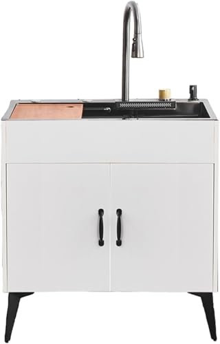 SaryEdge Waschtisch mit Schrank, freistehendes Spülbecken aus Edelstahl, Warm- und Kaltwasserhahn mit Wasserfallauslass, für drinnen/draußen, Garage, Waschküche(Weiß-75x45x78cm