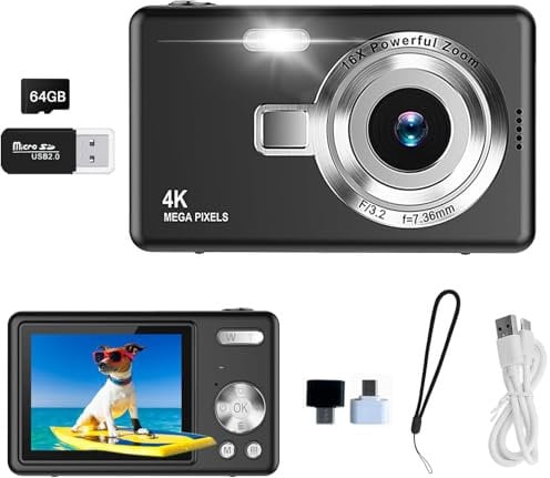 Digital Camera 2.7K FHD 50MP with 2.4 LCD Screen,16X Digital Zoom, Compact Portable Vlogging Camera with 64G SD Card and Android Huawei OTG Adapter for Kids Teen Students Beginner (Black)