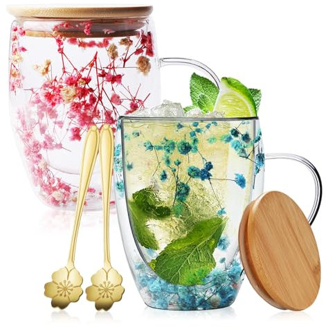 PORFOYO Fiori Secchi Taza Veto,Set Di 2 350ML Tazza Doppio Veto Con Cucchiaio,Coperchio,Tazza Vetro A Doppia Parete,Vetro Bicchierini Caffè,Tazze Fiori Secchi Per Caffè,Tè,Latte