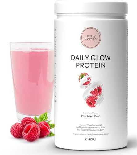 pretty woman Daily Glow Protein Pulver Himbeer-Quark 420 g | Low Carb Shake, mit Vitaminen & Mineralien, Biotin & Folsäure, nur 0,5g Zucker pro Portion