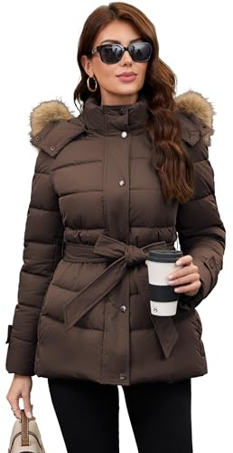 PAPILLON D'OR Damen Mittellanger Puffermantel mit Gürtel, abnehmbarer Kunstfellkragen und Kapuze, Fleecetaschen, Doppelverschluss, Winterjacke