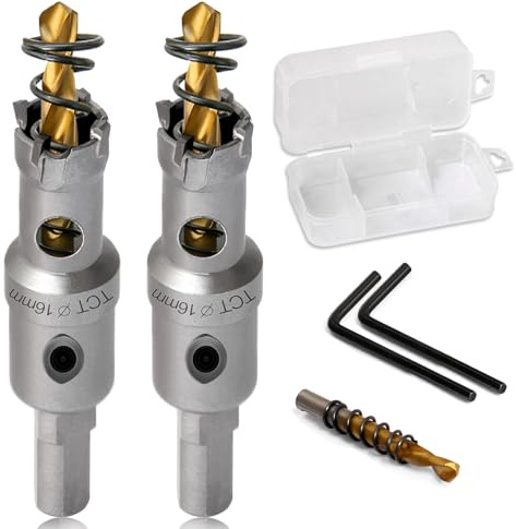 Josaton TCT Carbide Hole Saw for Hard Metal, 16mm Hole Cutter with Titanium-Plated Pilot Drill Bit for Stainless Steel, Iron, Aluminium, Plastics (2Pcs)