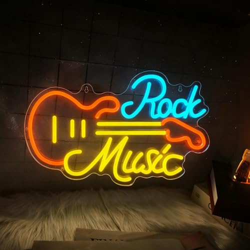 Rock Music Neon Schild, LED Gitarre Live Musik Neon Sign für Wand Deko, Dimmbare Neonlichter USB Power für Music Studio Live Streams Musikzimmer Nightclub Schlafzimmer Wohnzimmer Party