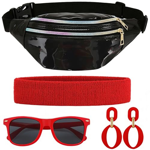Sundonix 80er Jahre Bauchtasche Damen für Fasching & Karneval - Neon Party Accessoires 80er Kostüm Outfit mit Bauchtasche, Stirnband, Ohrringen, Brille