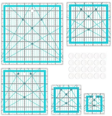 5er Patchwork Lineal Geodreieck Groß Schneiderlineal und Anti Rutsch Ringe | Quilt Lineal Nählineal Bügellineal mit Winkelanzeigen für Stoffhandwerk DIY (2,5/3,5/5/6/8 Zoll, Grün)
