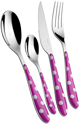 Bugatti Servizio Posate Completo 24 Pezzi Pois Acciaio Inox 18/10 Fucsia
