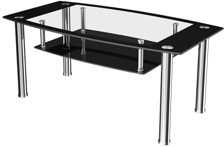 AVF Modern Black Glass & Chrome Table – 2 Tier Occasional Table with Clear Window Top, Tempered Glass & Chrome Legs (Coffee Table)