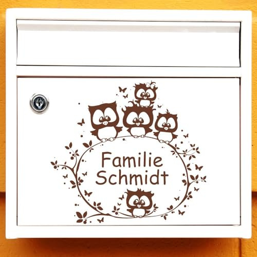 Wandtattoo Loft Namensaufkleber für Briefkasten Tattoo: Fünf Eulen auf einem AST mit Wunschnamen“ - Aufkleber / 49 Farben / 3 Größen/transparent / 20 x 21 cm