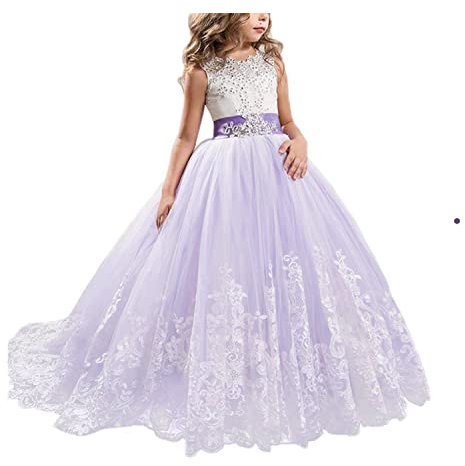 NNJXD Niñas Bordado De Encaje Flor De La Boda Fiesta De Cumpleaños Princesa Vestido de Cola Larga Tamaño (170) 14-15 años 406 Púrpura-A