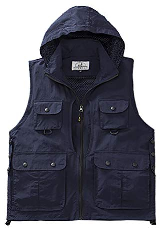Daoba Herren Schnell Trocknend Outdoor Weste mit Kapuze Multifunktionsweste mit Vielen Taschen Angel-Westen für Jagd Camping Fotografie Wasserdicht