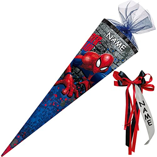 Nestler personalisiert mit Name und großer Namensschleife - 6859416 Schultüte Spiderman, 85 cm 6-eckig