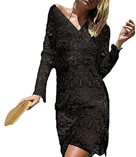 JFAN Mujeres Encaje Ganchillo Hueco V Cuello Vestido De Playa Bikini Cover Up Sexy Kaftan TúNica Playa Traje De Baño Vestidos Tejidos Crochet Mujeres(Negro,Talla única)