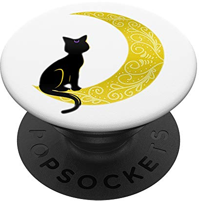 PopSockets Cute Black Cat Goddess Design On Crescent Moon White - PopSockets Ausziehbarer Sockel und Griff für Smartphones und Tablets