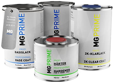 MG PRIME Motorradlack Dose Set für Honda Motorrad LV R-2C-F Flake Sunrise Orange Metallic Grundlack Basislack 2K Klarlack Härter spritzfertig 3,5L