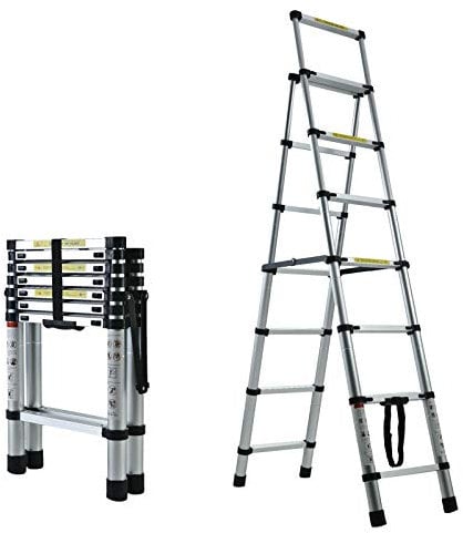 6+7 Step Ladder Aluminum 6.4FT Telescoping Ladder Lightweight Portable A-Frame Ladders with Arm-Design, 330lbs Load Capacity Widen Step Pedal Folding Step Ladder Easy to Transport or Store