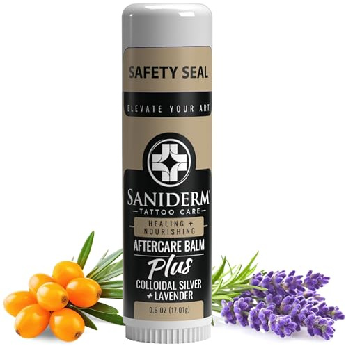 Saniderm Tattoo Aftercare Balm PLUS+ - Small (0.6 oz) – Petroleum Free, Organic Tattoo Moisturizer Infused with Colloidal Silver, Lavender Oil, and Other Natural Ingredients