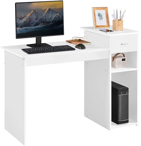 Yaheetech Mesa de Ordenador con Estantería 112x50x82cm Escritorio con Cajon para Computadora Escritorio Oficina Despacho Moderno Blanco