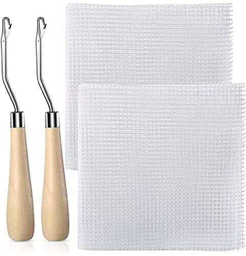 Yglnden 32x32inch(2pcs) Blank Rug Hooking Mesh Canvas Kit with Wooden Bent Latch Hook Tool for Latch Hook Pillow Tapestry Canvas DIY for Adults