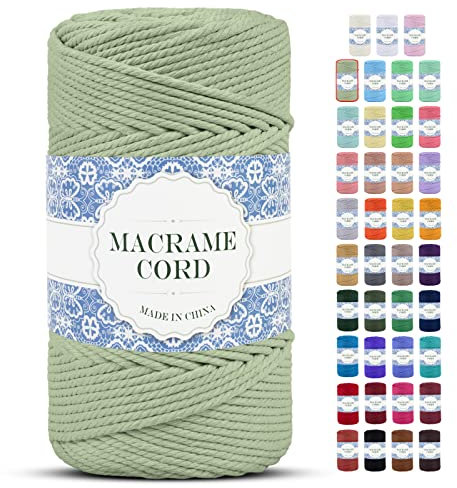 Uiopa Cuerda Macrame 4mm x 200m Hilo Macrame Grueso Cuerda de Algodon Natural Suave de 4 Hilos, Cordel Algodón para DIY Manualidades Tapices de Pared Cortina Colgador de Plantas (Frijol Verde)