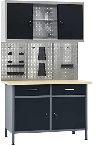 Werkbank mit 3 Stecktafeln & 1 Wandschrank, Holzähnlicher Maserung Tischplatte, Höhenverstellbare Füße, Werktisch Werkstatttisch Arbeitstisch, Metallgestell, Tragekapazität 500kg