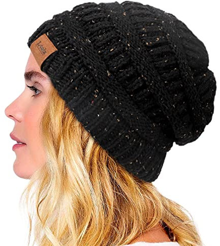 Lvaiz Hats Wintermütze mit Satin-Innenfutter für Damen und Herren, warm, übergroß, lässig, gestrickt, mit Satin-Seidenfutter für natürliches Haar, Schwarz, Einheitsgre