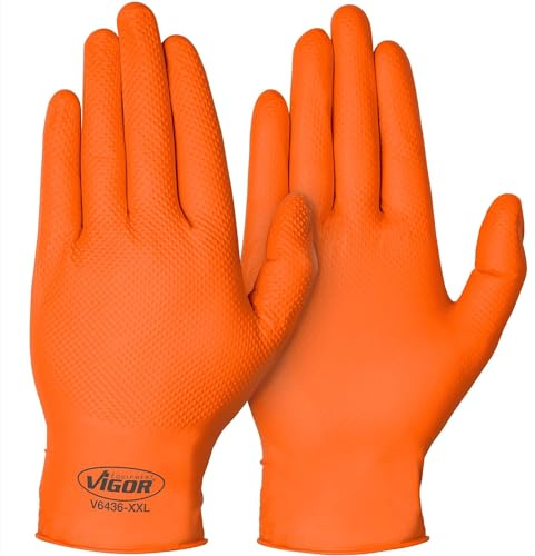 Guantes de nitrilo ViGOR V6436-XXL 90 unidades I Excelente agarre, incluso al manipular aceite, grasa, productos químicos y suciedad I Guantes para pantallas táctiles I Color: naranja, (XXL)