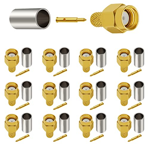 KUOQIY 12 Stück SMA Stecker Crimp, SMA Stecker Crimp Vergoldeter RF-Stecker, für RG58 / RG400 / RG142 / LMR195 Kabel