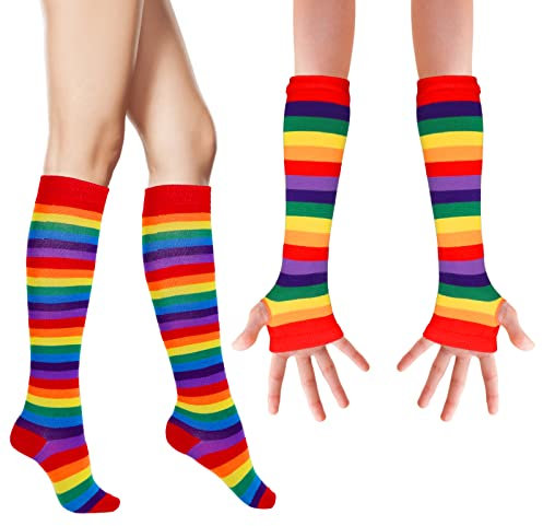 WLLHYF Rainbow Striped Arm Leg Socks Set， Long Knit Over Knee Thigh High Socks Warmer Fingerless Stretchy Gloves Cosplay Accessories Valentine's Day Gifts Costumes for Women Girls, Red