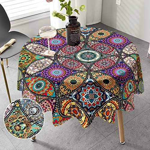 iEvery Round Tablecloth 150cm Boho Wipeable Tablecloths Polyester Wipe Clean Table Cloth Waterproof Circular Table Cover for Home Dinning Kitchen Party Picnic Patio Outdoor