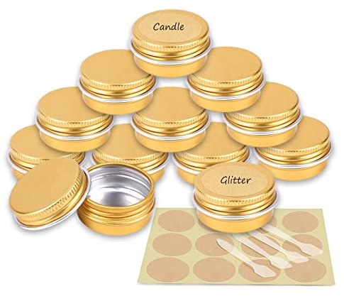 YANCAER 24 Pack 10ml - D35mm x H17mm Gold Screw Top Aluminum Tin Jars Round with Screw Lid and Blank Labels, Cosmetics Pots Containers for DIY Candle, Crafts, Lip Balms, Salves, Travel