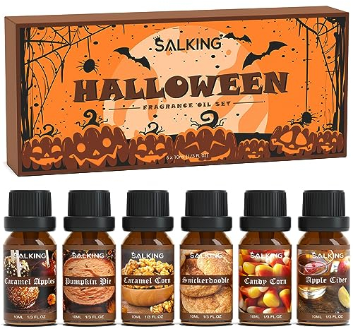 SALKING Halloween Huiles Essentielles, 6x10ml Huile Essentielle Bio pour Diffuseurs, Tarte à la Citrouille, Pommes au Caramel, Bonbons au Maïs, Biscuits à la Cannelle, Maïs Soufflé, Cidre de Pomme