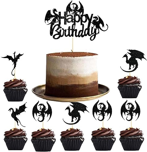 Guoguonb Schwarzer Drache Tortendekoration 1 Groß Happy Birthday Cake Topper und 24 StückFliegender Drache Geburtstagstorte Dekoration Cupcake Picks für Dinosaurier Thema Party Dekorationen