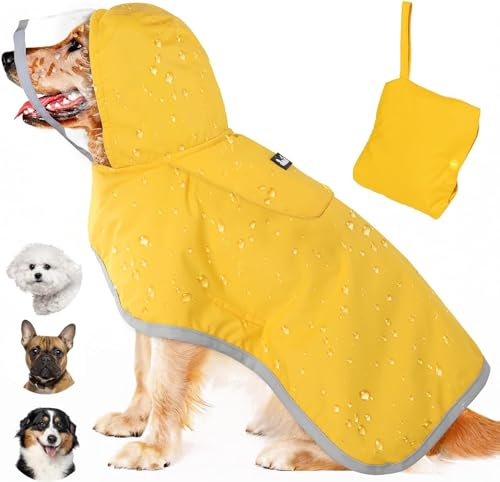 Eyein Wasserdichter Hunderegenmantel, Regenmantel für Große Hunde mit Kapuze und weichem Futter, Verstellbare Hunderegenjacke mit reflektierenden Streifen, Winddicht und leicht, Gelb, XXXL