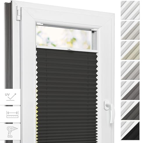 Estika Thermo-Plissee mit Bohren - 75 cm x 200 cm - Farbe: Anthrazit - Plissee Blickdicht, Fensterrollos für innen, Verdunkelungsplissee, Rollos für Fenster