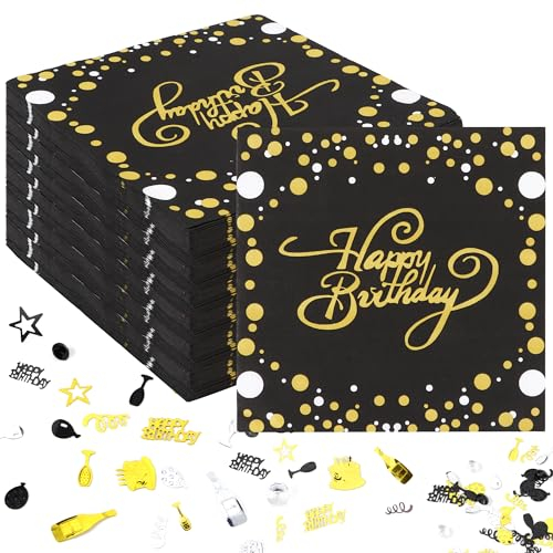 100 Stück Servietten Happy Birthday, 33x33cm Schwarz Gold Servietten Geburtstag und Geburtstag Deko Konfetti,Schwarz Folierte Geburtstagsservietten Tischdeko für Junge Mädchen Party Deko