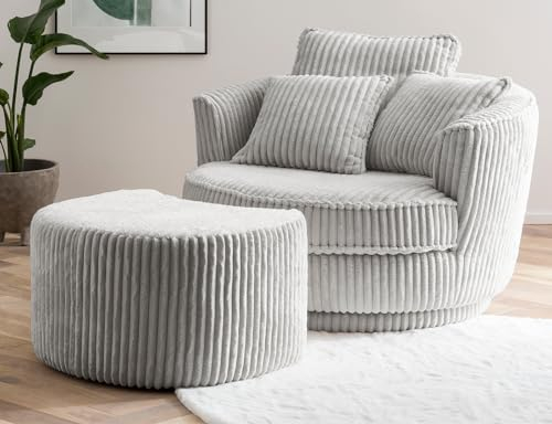Furn.Design Sessel in grau Cord Stoff XL Drehsessel 360° drehbar inklusive 3 x Kissen Relaxsessel mit Fußhocker Comfy (Hellgrau, Mit Hocker)