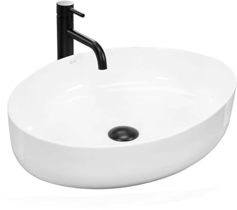 GTM Design Keramik Aufsatzwaschbecken Fürs Badezimmer - Oval im Modernen Stil - Weiß - 55x41,5x14 cm