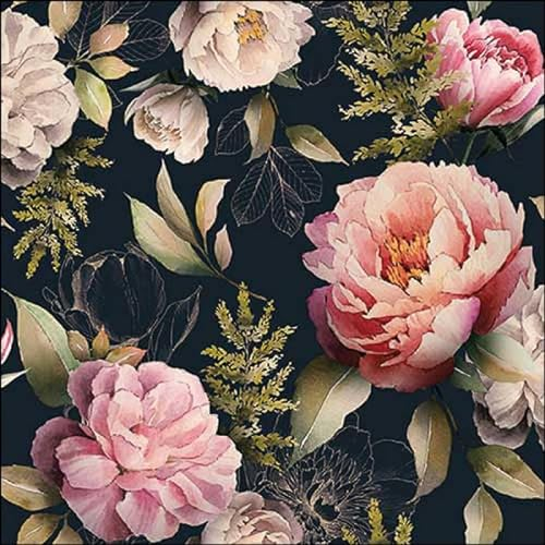 20 Servietten Blumen Zahlreiche Pfingstrosen auf schwarz als Tischdeko. Papierservietten mit Motiv. Auch für Decoupage und Serviettentechnik 33x33cm
