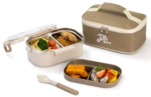 Lille Home 920ml Bento Lunch Box for Adult & Kids, Stainless Steel 2-Compartment Tiffin Lunch/Snack Box, Bento/Food Container with Split Layer Lunch Bag and Utensils