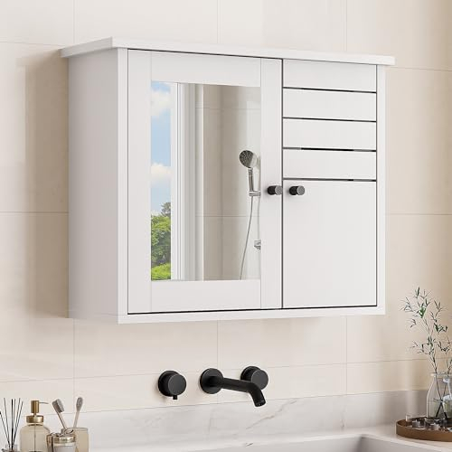 YITAHOME Spiegelschrank Bad, Badezimmer spiegelschrank mit 2 Türen, Badschrank mit Spiegel und Ablage, Hängeschrank, Badspiegel, Badschrank hängend, 60 * 20 * 49.2 cm (Weiß)