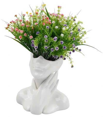 Keramik Figur Vase, Schicke Kopfform Körper Ästhetische Vase, Weibliche Gesichts Blumenvase, Aesthetic Kunst Vase, Leuchtend Weiße Dekorative Vase für Moderne Minimalistische Deko (Ohne Blumen) (A)
