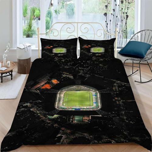 HATEGE 3D Fußballstadion Bettwäsche 155x220 Sporthalle 3 Teilig Weiche Mikrofaser Bettwäsche Fußballstadion Bettbezug Set und 2 Kissenbezug 80x80 cm mit Reißverschluss J1653