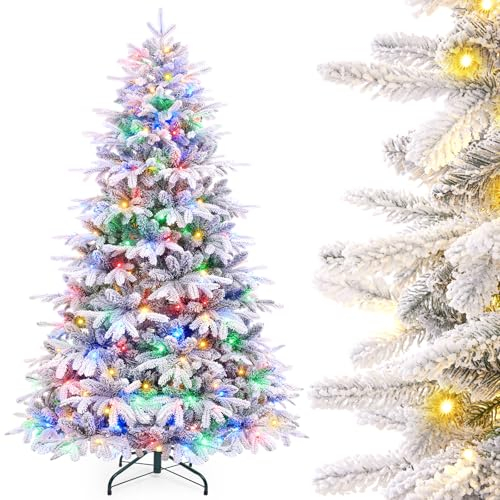 Yorbay Albero di Natale, con Luci LED e Fiocchi di Neve, Supporto in Metallo, Albero Natalizio Artificiale Innvevato, per Decorazioni Natalizie (150 cm con LED colorati)