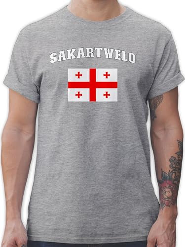 T-Shirt Herren - Fußball EM WM - Sakartwelo Schriftzug mit Flagge | Sakartvelo | Georgia | Georgien | Georgisch - XL - Grau meliert - Fussball Shirt männer Europameisterschaft georgische Tshirt