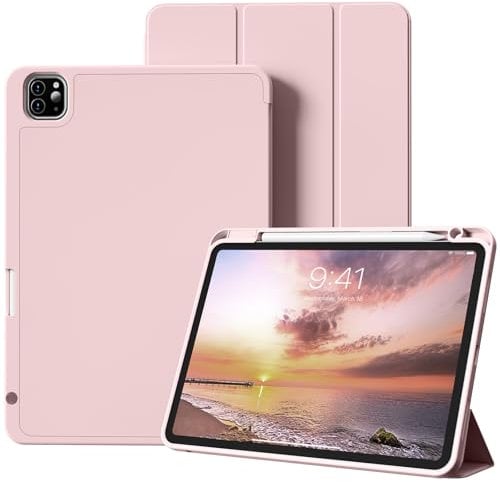 BQDIYOO for iPad Pro 11 inch Case (2024), with Pencil Holder, Slim Trifold Stand Case, iPad Pro 11 inch M4 case, Supports Pencil Pro and Pencil (USB-C) Charging, Auto Wake/Sleep, Pink