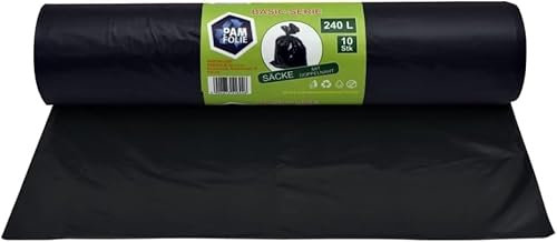 PAM-FOLIE Sacs poubelle universels 240L - 10 pièces - XXL Sacs poubelle grands, forts et épais, Basic - 120x130cm - 35µm - Sac poubelle noir - Sacs idéaux pour les conteneurs de 240 litres